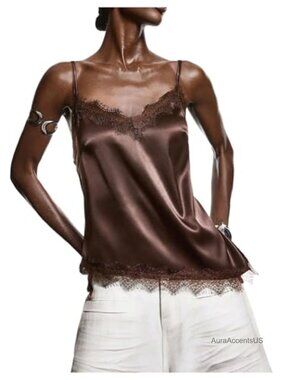 Satin Lace Trim Camisole Top V Neck Sleeveless Asymmetrical Cami